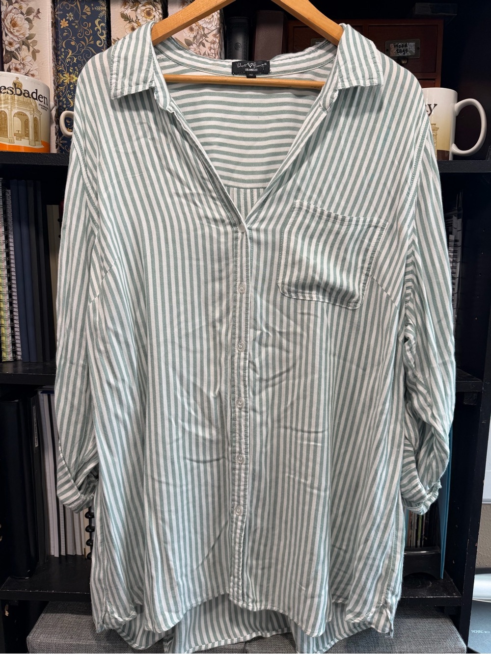 Velvet Heart Green and White Striped Button-Down Shirt